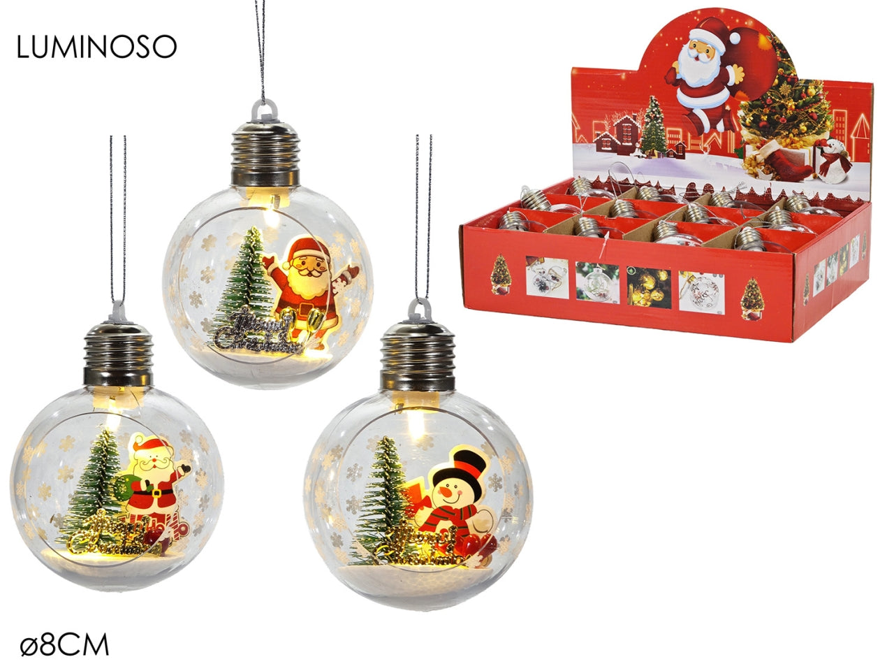 Palla 8cm in plastica con personaggi natalizi e luce a batteria in 3 soggetti assortiti