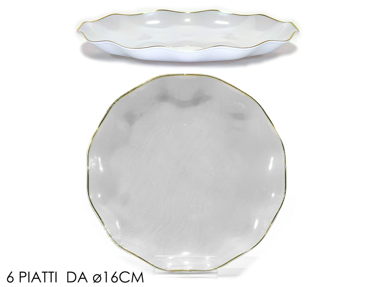 Piatti 16cm in plastica bianco con bordo oro, confezione da 6 piatti