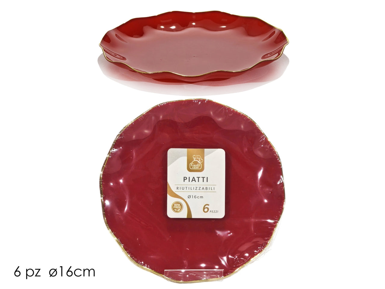 Piatti 16cm in plastica rosso con bordo oro, confezione da 6 piatti