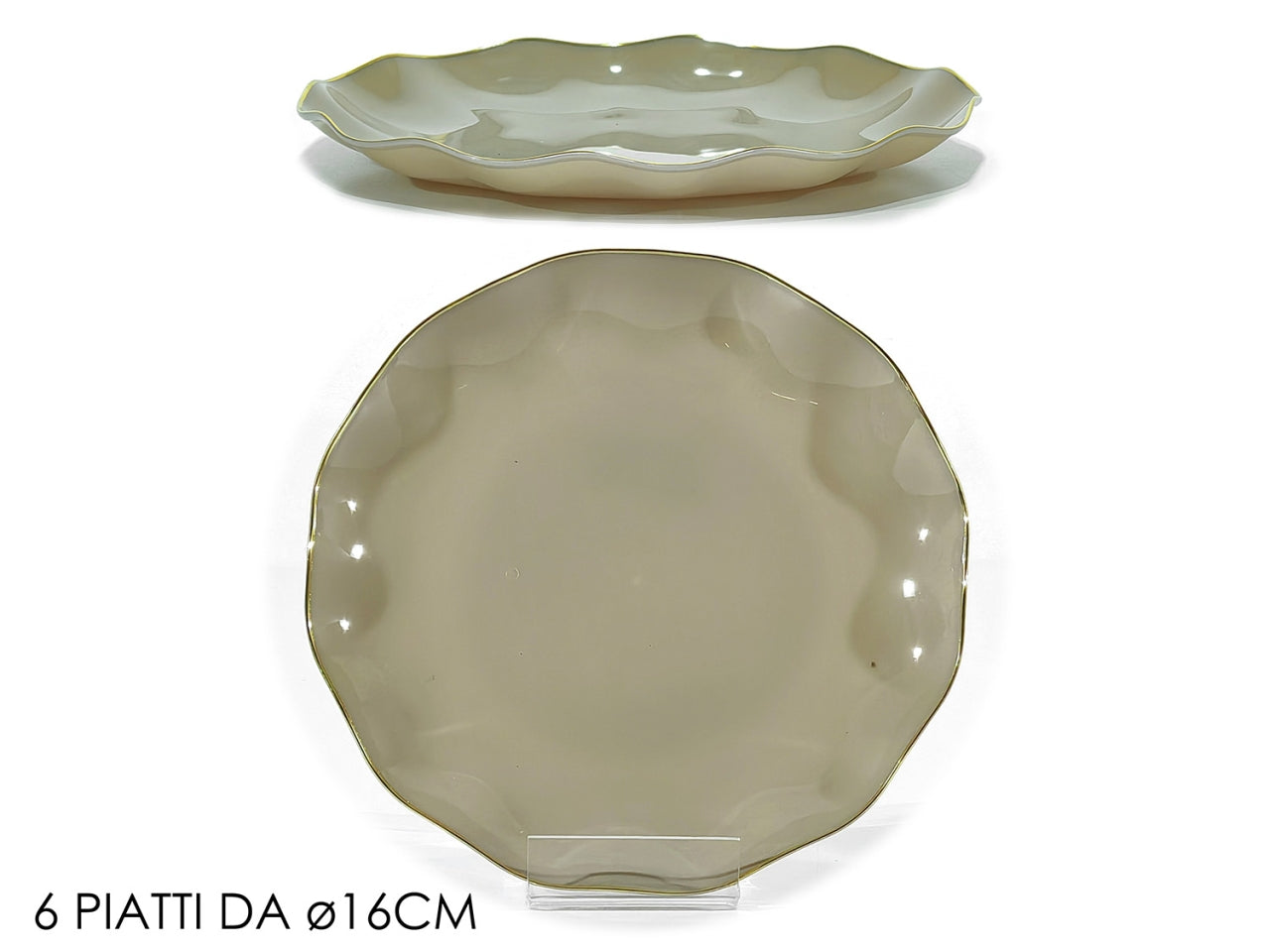 Piatti 16cm in plastica tortora con bordo oro, confezione da 6 piatti