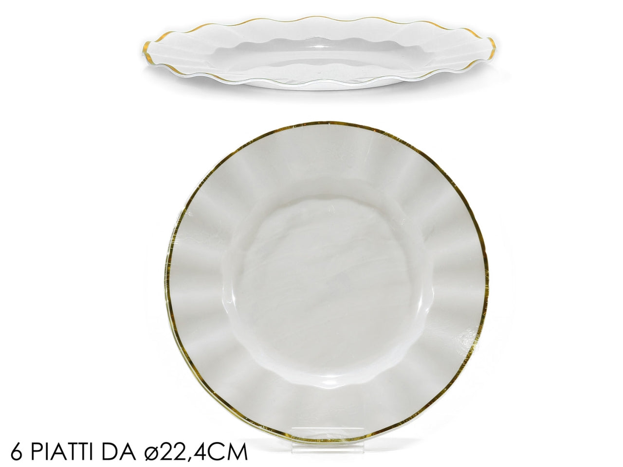 Piatti 22,4cm in plastica bianco con bordo oro, confezione da 6 piatti