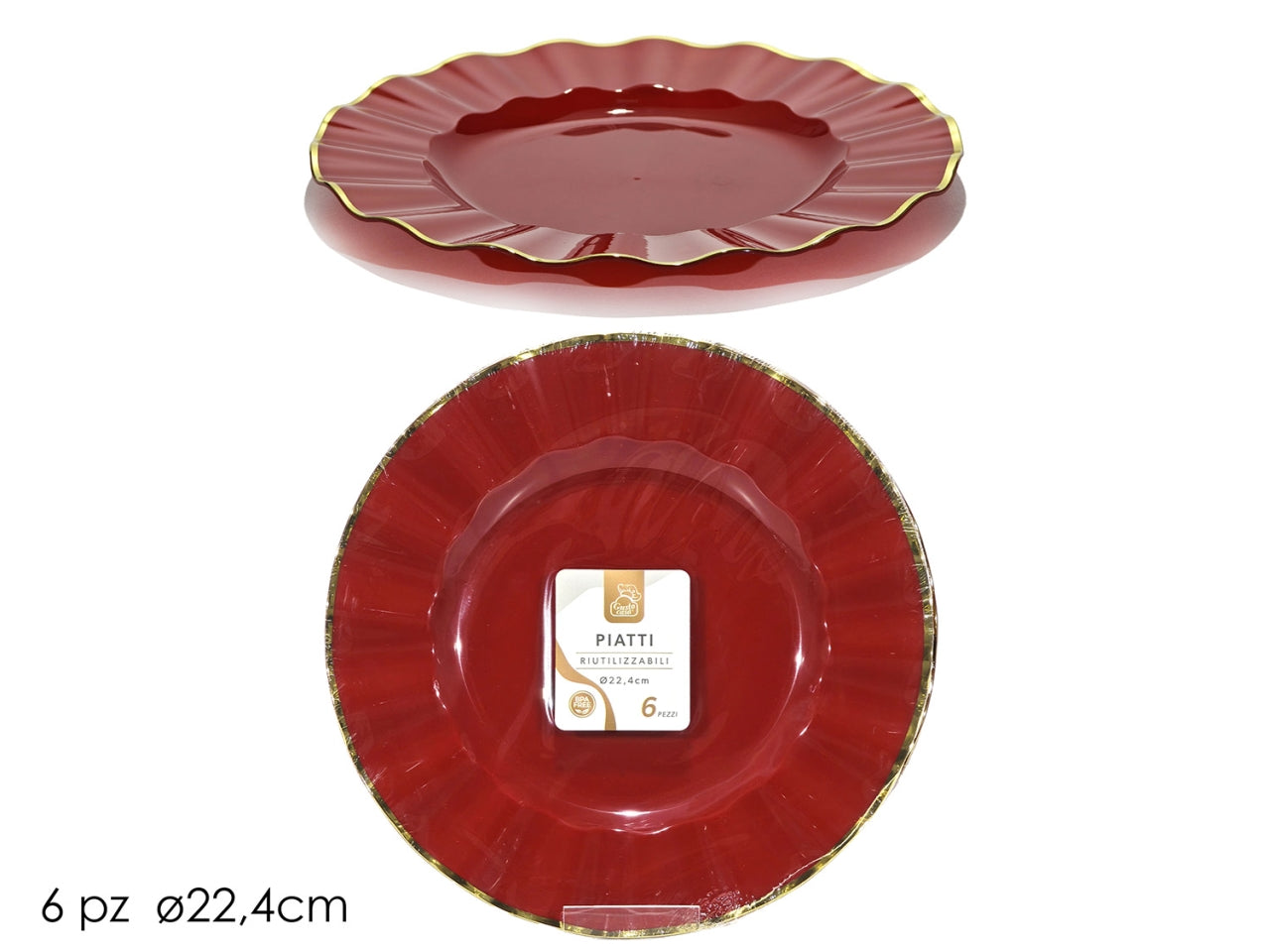Piatti 22,4cm in plastica rosso con bordo oro, confezione da 6 piatti