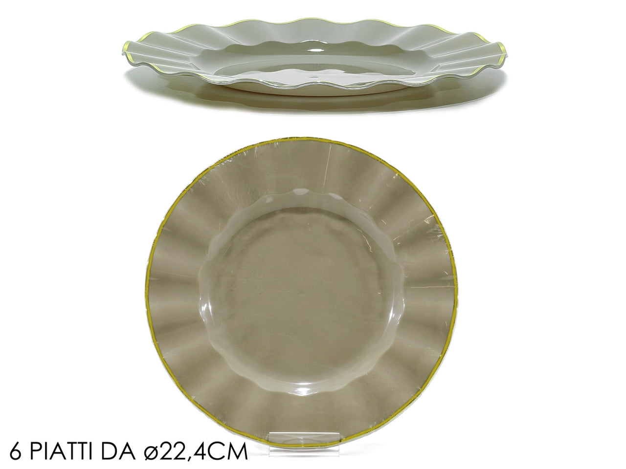 Piatti 22,4cm in plastica tortora con bordo oro, confezione da 6 piatti
