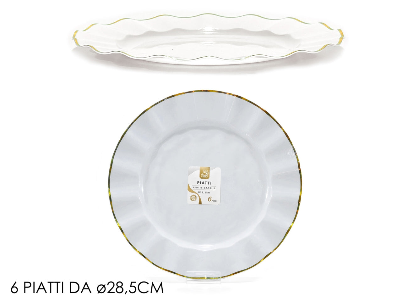 Piatti 28,5cm in plastica bianco con bordo oro, confezione da 6 piatti
