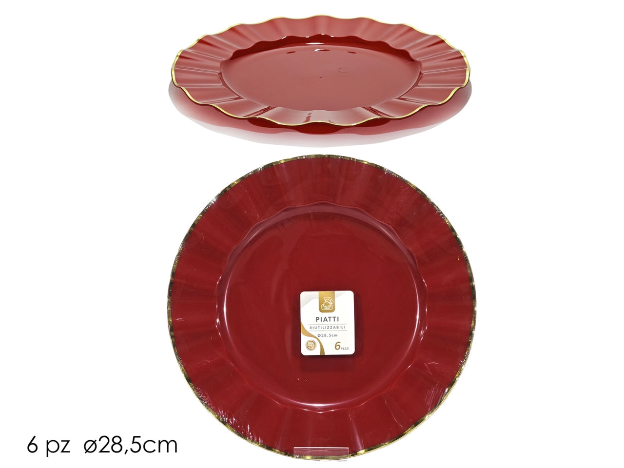 Piatti 28,5cm in plastica rosso con bordo oro, confezione da 6 piatti