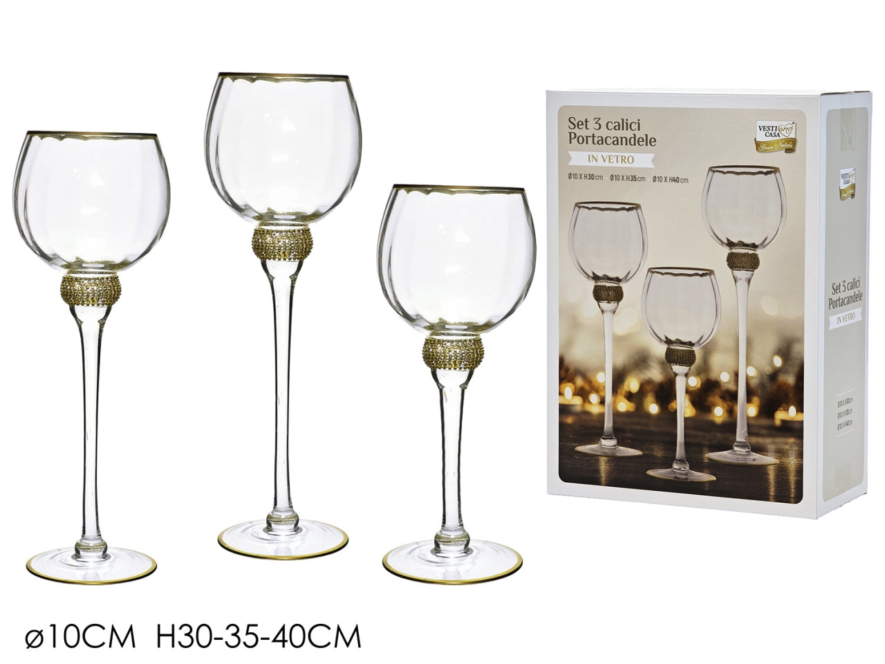 Set 3 portacandele in vetro trasparente h.40/35/30cm con bordino oro