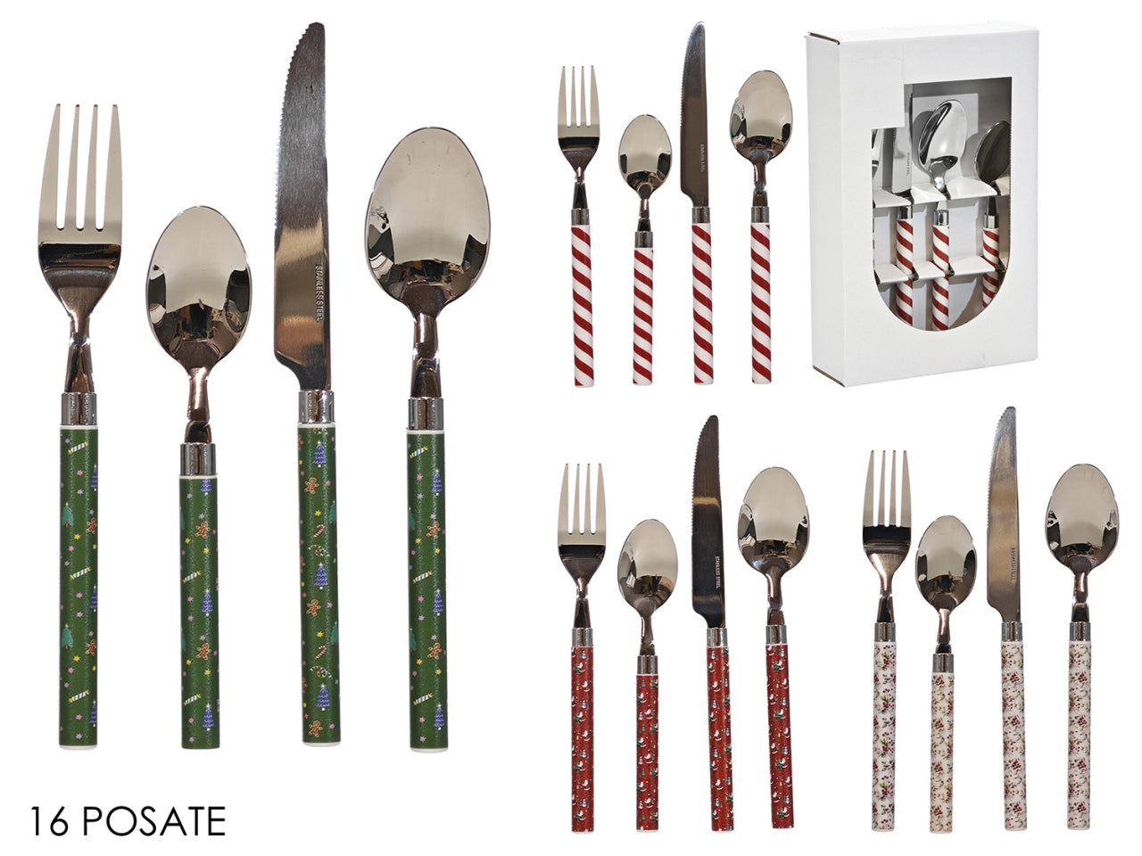 Set 16 posate natalizie in acciaio inossidabile con manico in plastica, 4 colori assoriti
