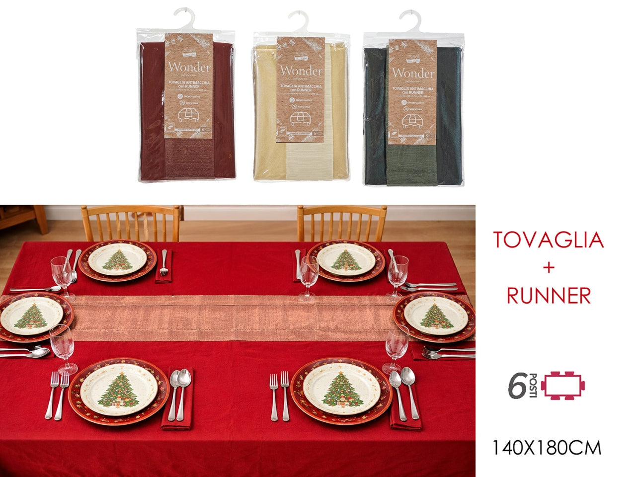 Tovaglia+runner in tessuto poliestere antimacchia 140x180+33x180cm, 3 fantasie assortite