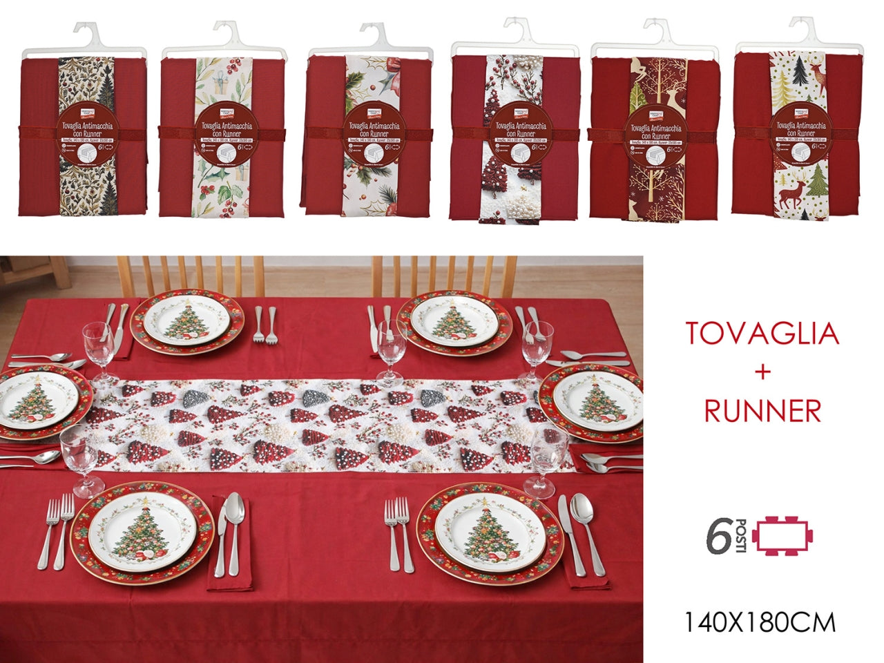 Tovaglia+runner in tessuto poliestere antimacchia 140x180+33x180cm, 6 fantasie assortite