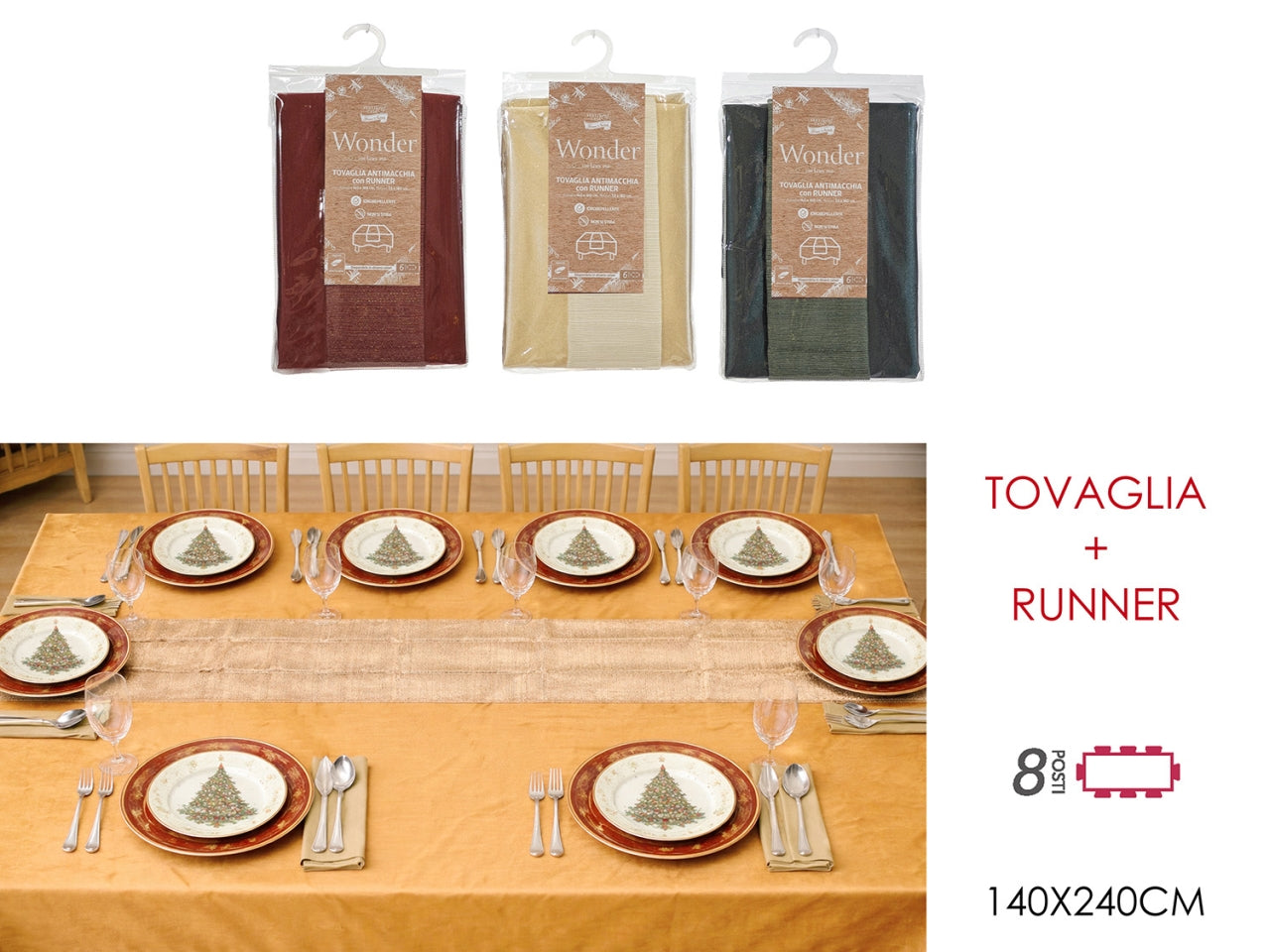 Tovaglia+runner in tessuto poliestere antimacchia 140x240+33x240cm, 3 fantasie assortite