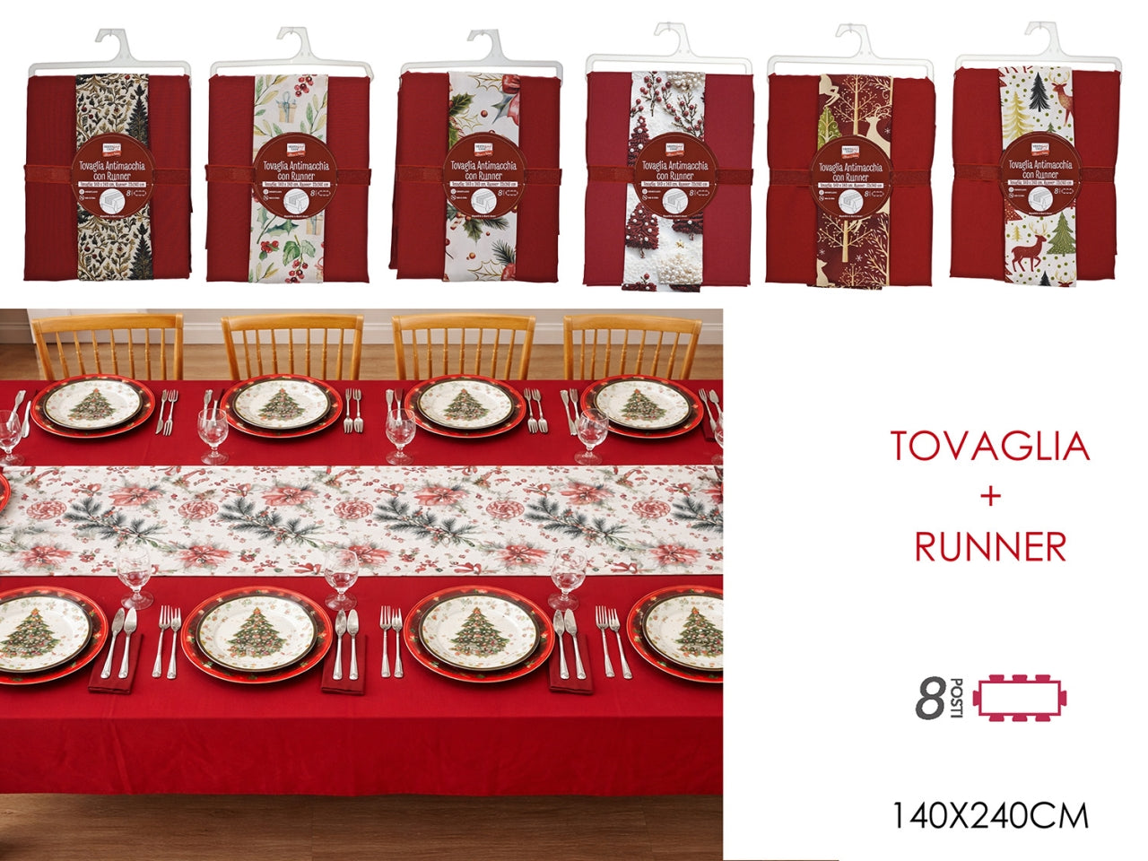 Tovaglia+runner in tessuto poliestere antimacchia 140x240+33x240cm, 6 fantasie assortite