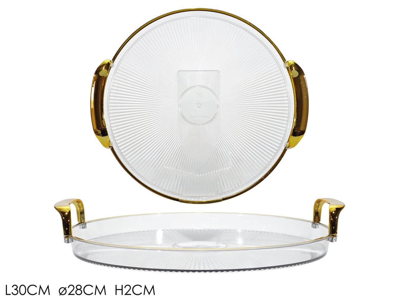 Vassoio tondo con manici 30cm in plastica trasparente e bordo oro