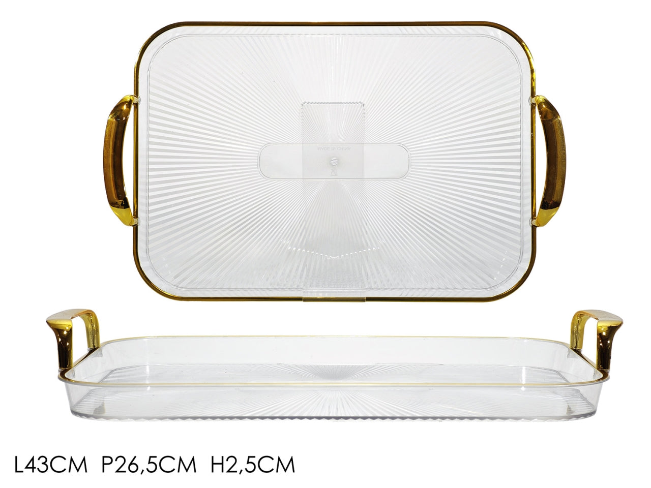 Vassoio con manici 43x26,5cm in plastica trasparente e bordo oro