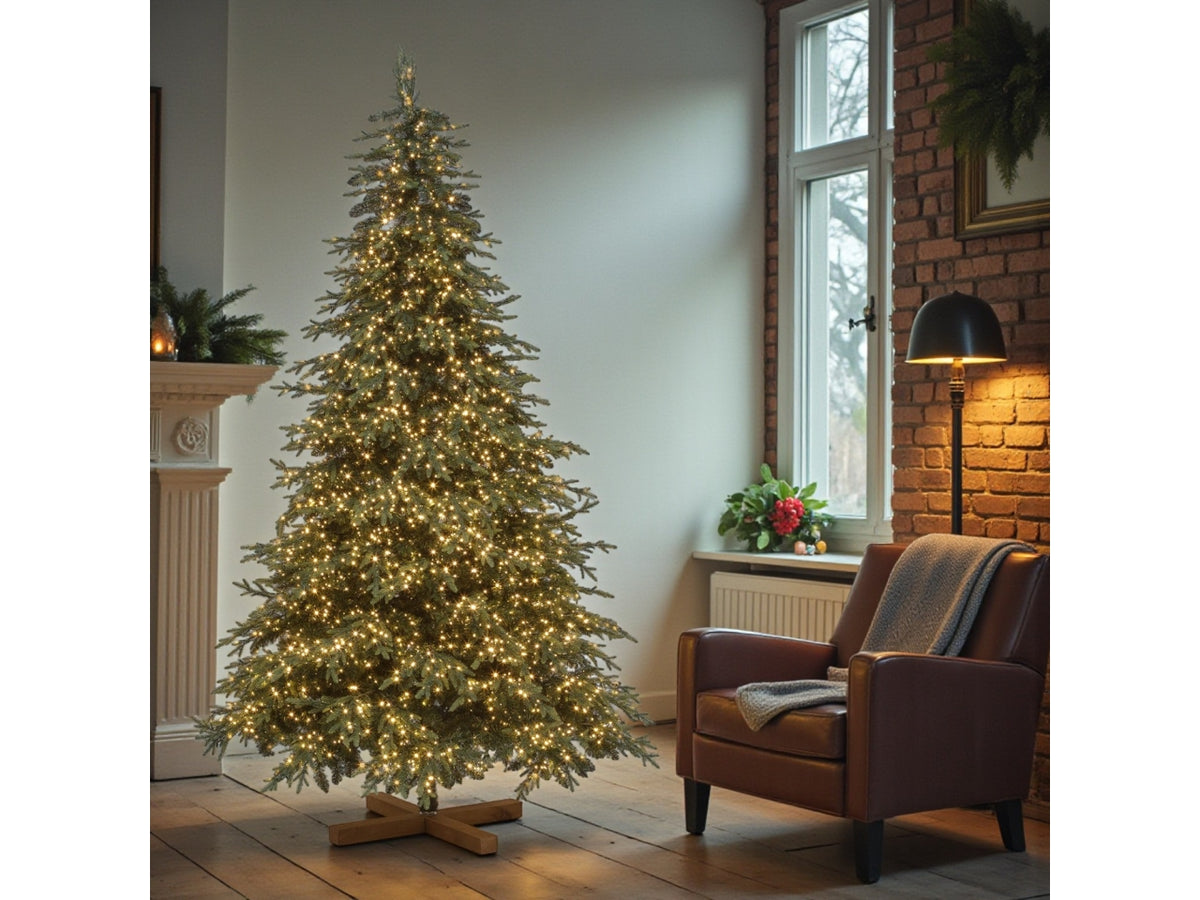 Albero di natale pino deluxe Prelit 255cm con 5150 miniled bianco caldo, 4337 punte in PE+PVC diametro 150cm apertura ad ombrello