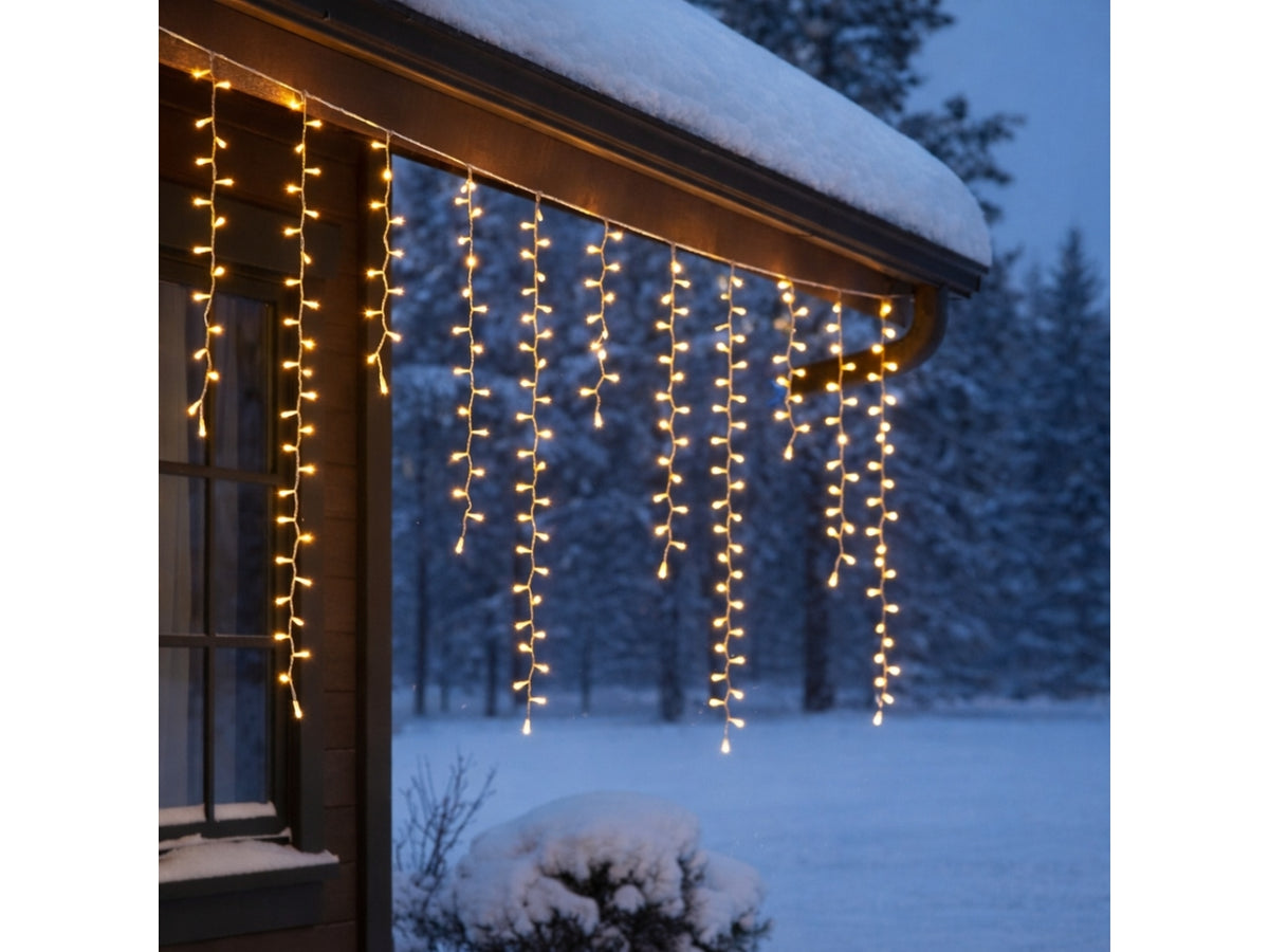 Tenda luci 340xh80cm, 384 led ice cluster bianco caldo + bianco tradizionale con giochi di luce e telecomando per interno/esterno cavo trasparente