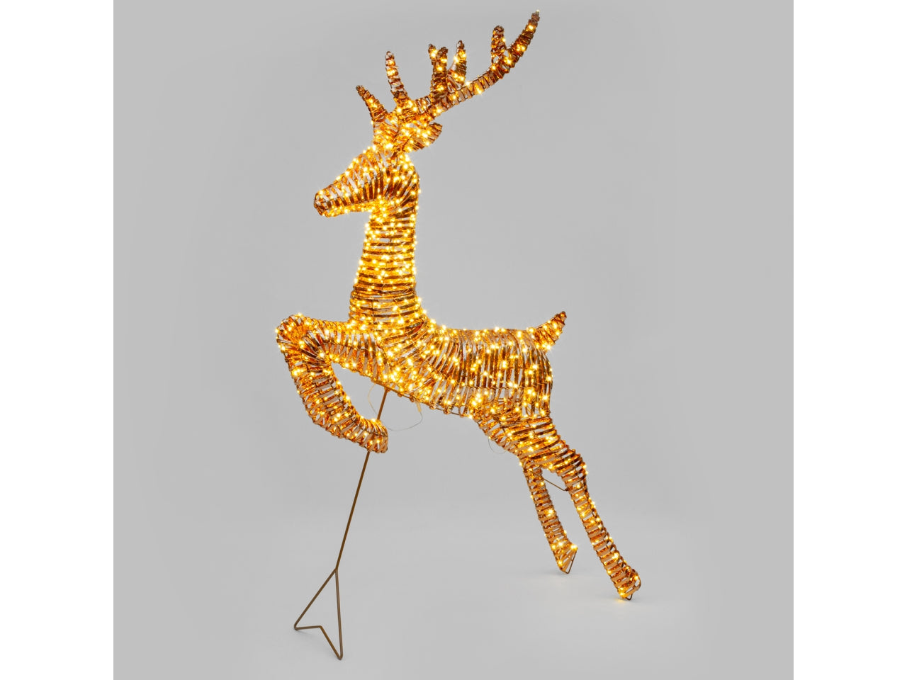 Renna 3D maxi 130cm con 960 microled bianco caldo luce fissa e led lampeggianti, telaio color rame, per uso interno/esterno