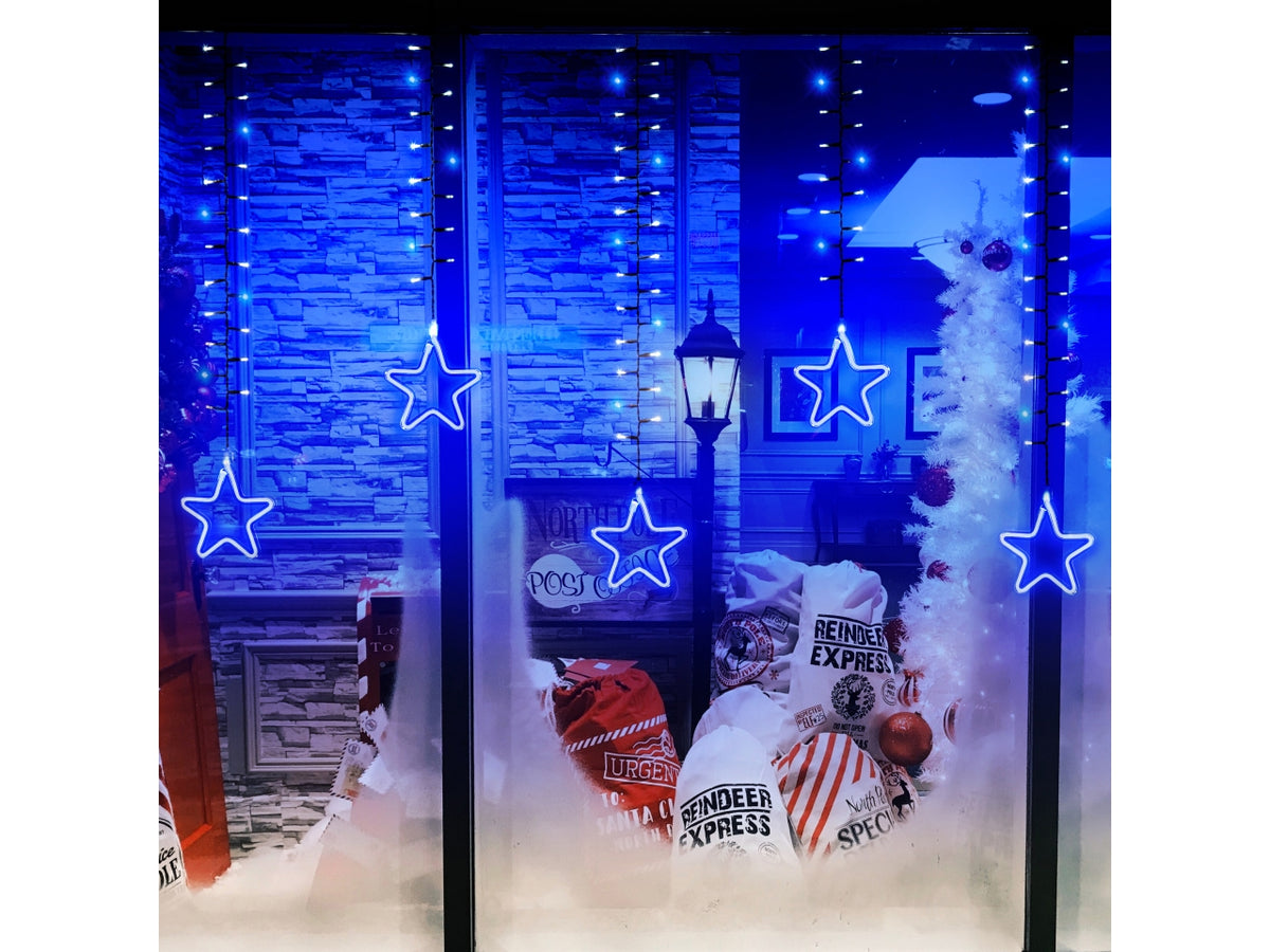 Tenda luci Ice cluster light 360xh70cm con 936 led bianco freddo e 12 stelle blu neon, giochi di luce per uso interno/esterno