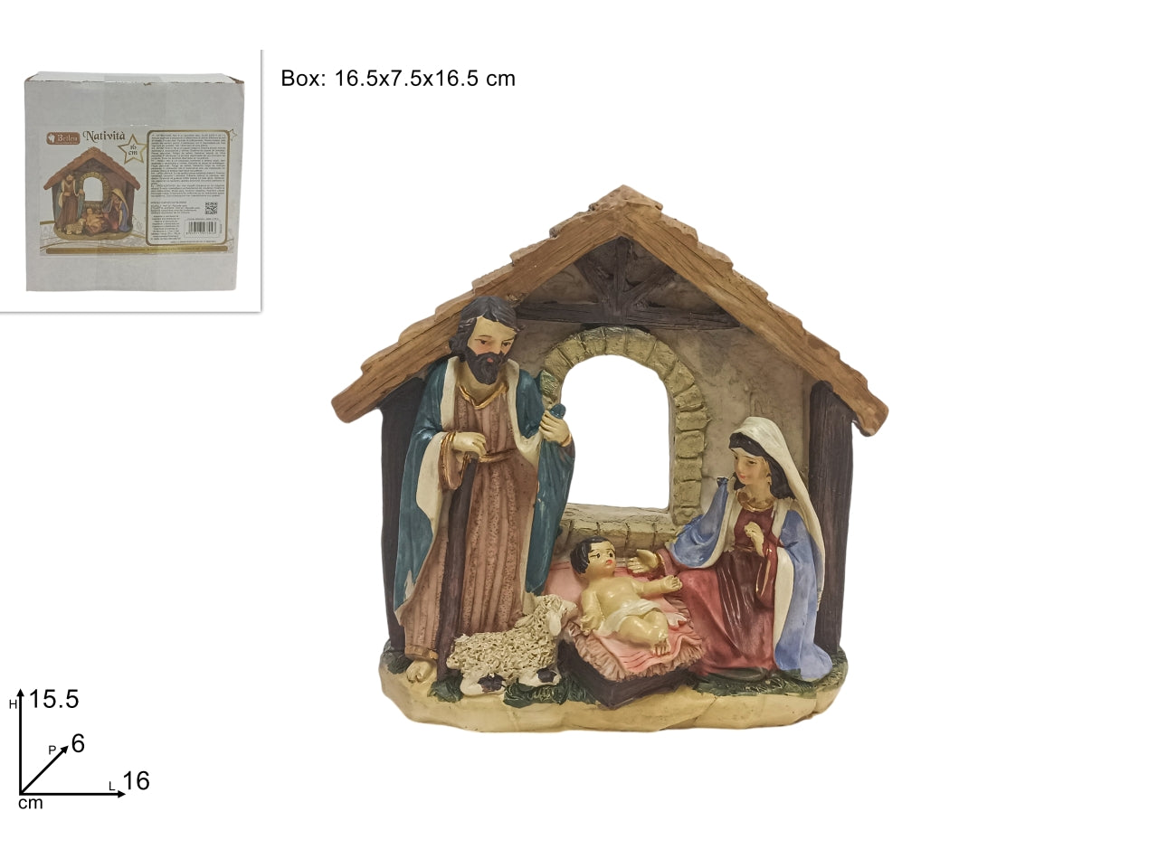 NativitÃ  con capanna e pecorella 16cm in resina