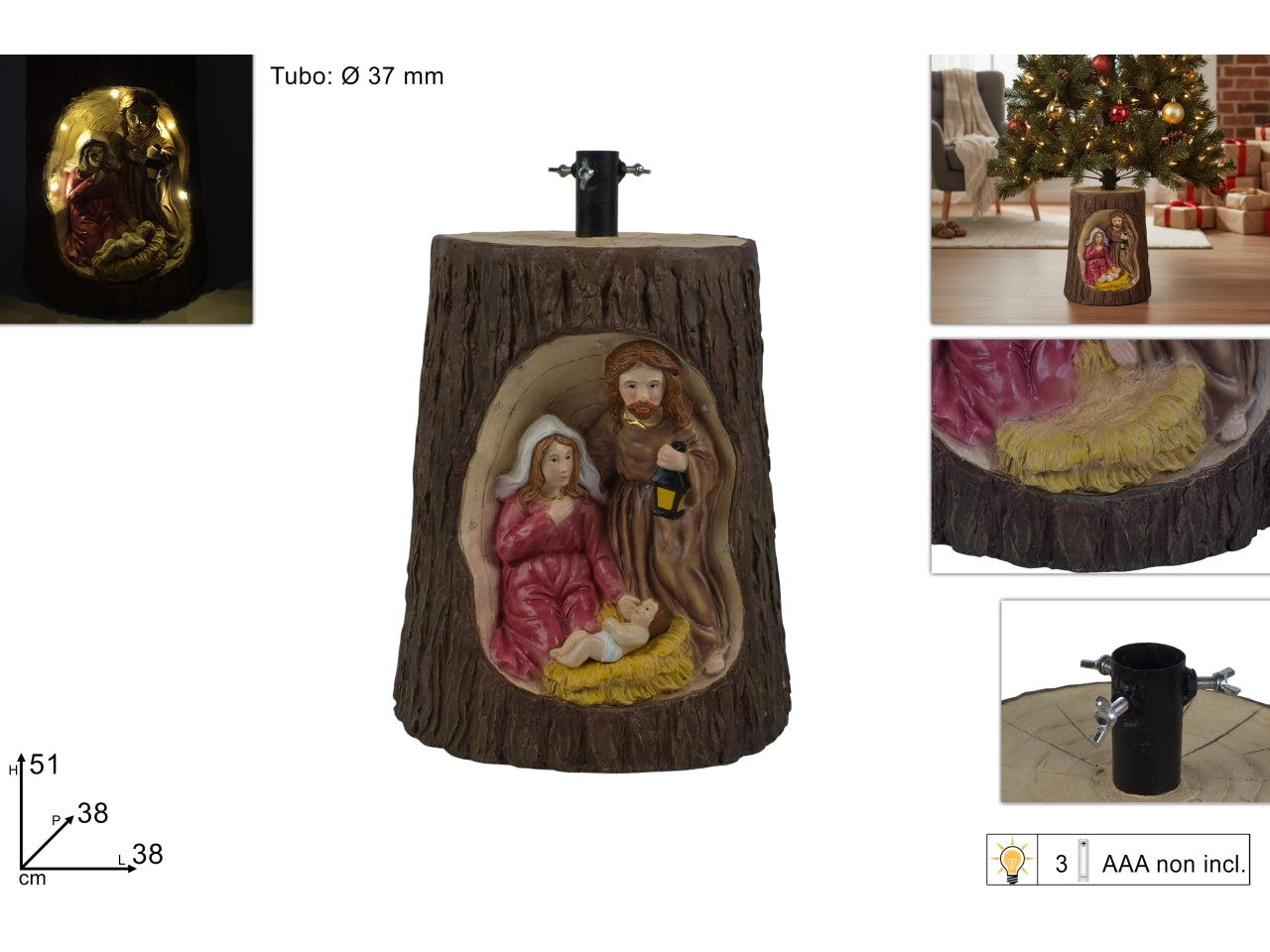 Base albero tronco marrone 51cm con nativitÃ  e luce a batteria