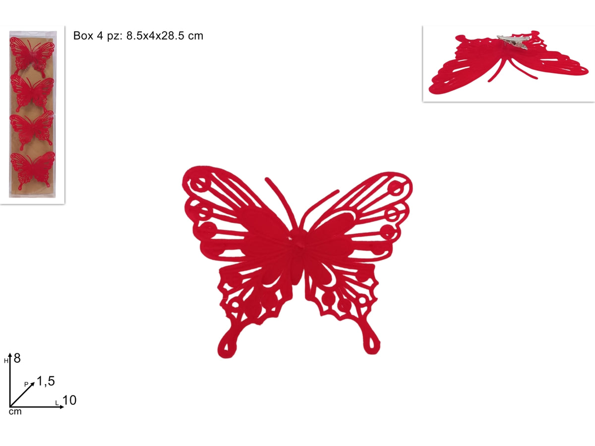Farfalle in velluto rosso 8cm con pinzetta set 4 pezzi