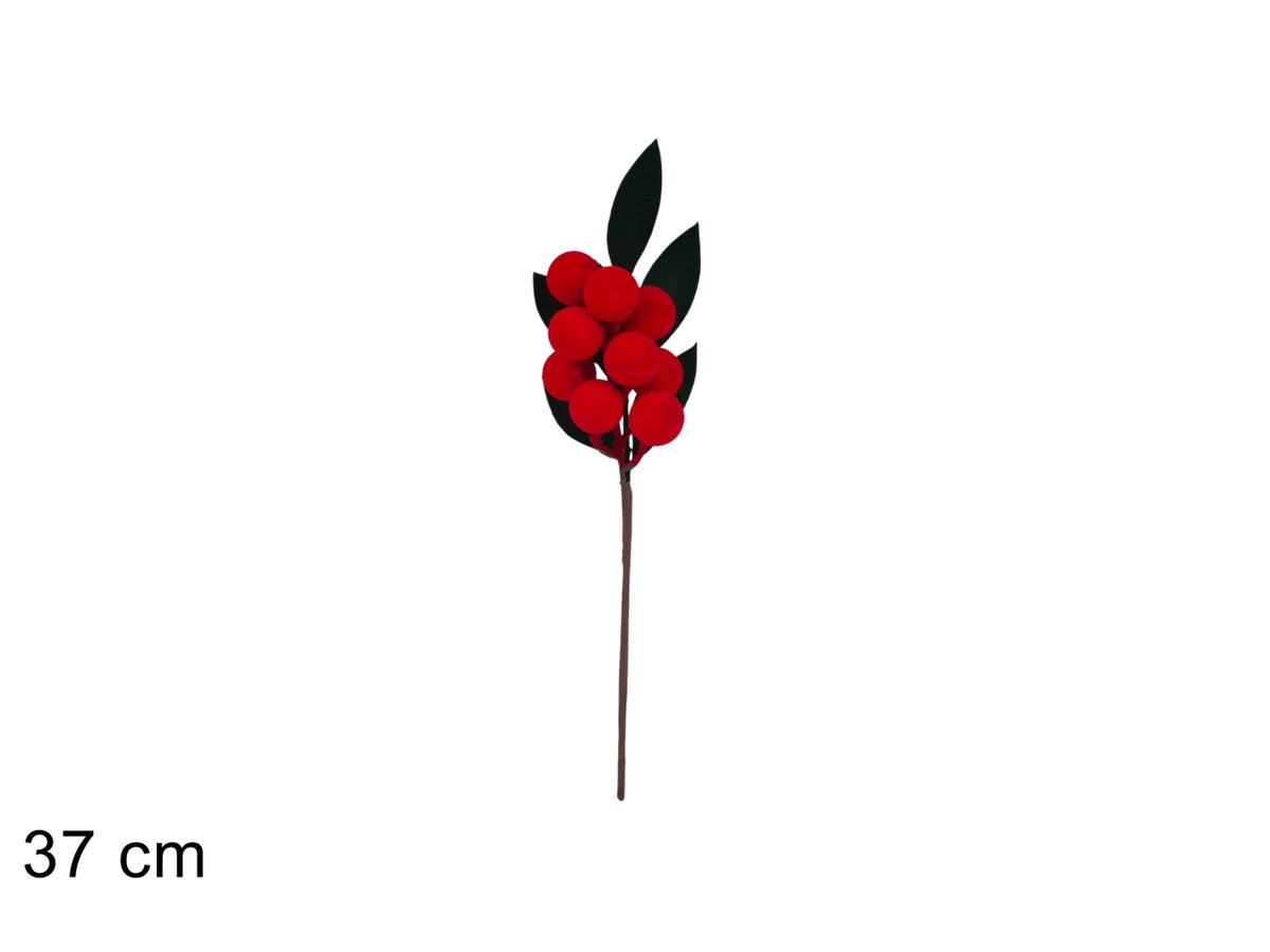 Ramo decorativo 37cm con bacche in velluto rosso