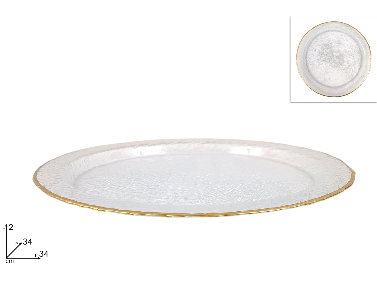 Piatto in vetro 34cm trasparente con bordo oro