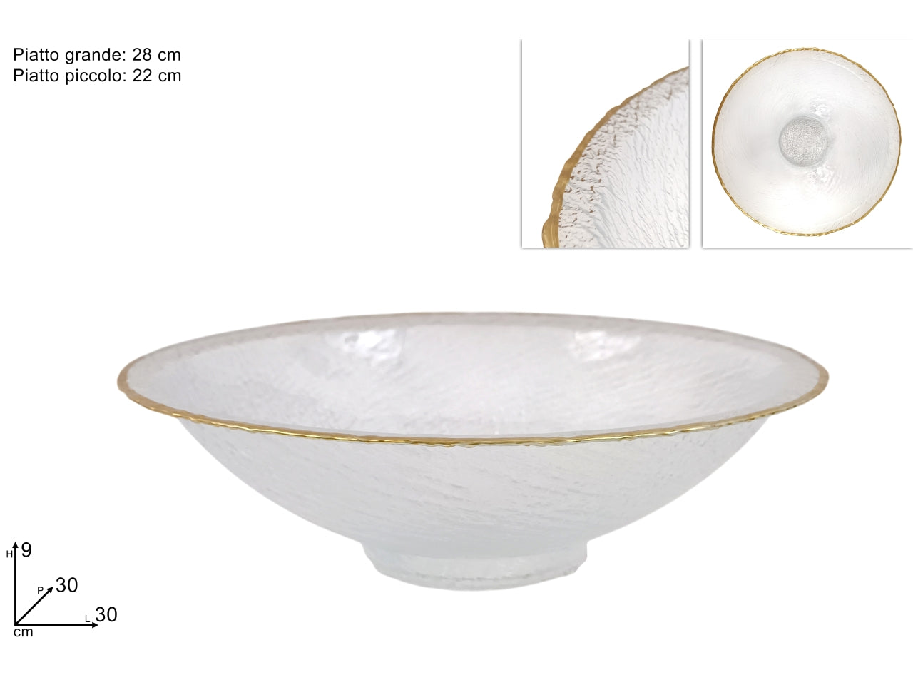 Centrotavola in vetro 30cm trasparente con bordo oro