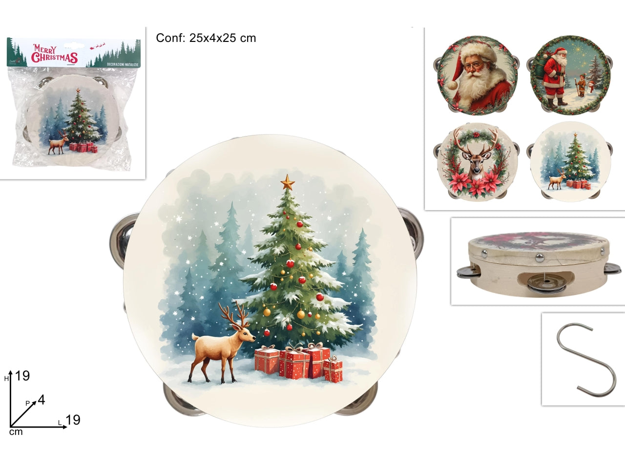 Tamburello natalizio 19cm 4 decori assortiti