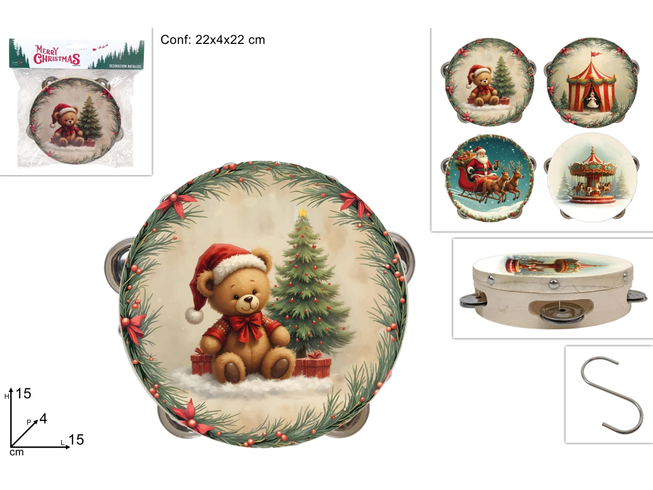 Tamburello natalizio 15cm 4 decori assortiti