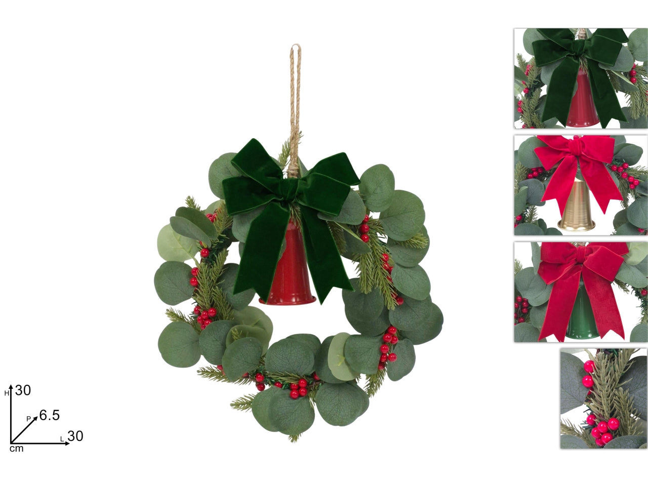 Dietroporta 30cm con fiocco, campana e bacche 3 assortimenti