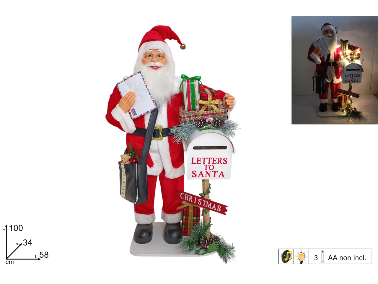 Babbo Natale maxi 100cm con cassetta postale, musica e luce