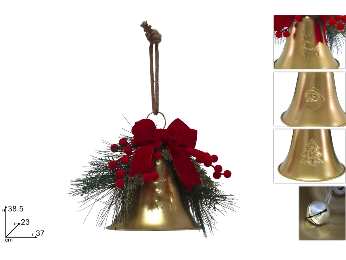 Campana 38,5cm oro con fiocco rosso e bacche