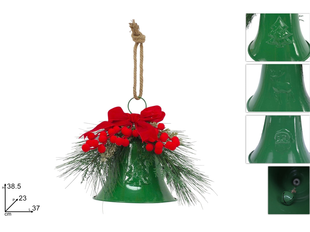 Campana 38,5cm verde con fiocco rosso e bacche