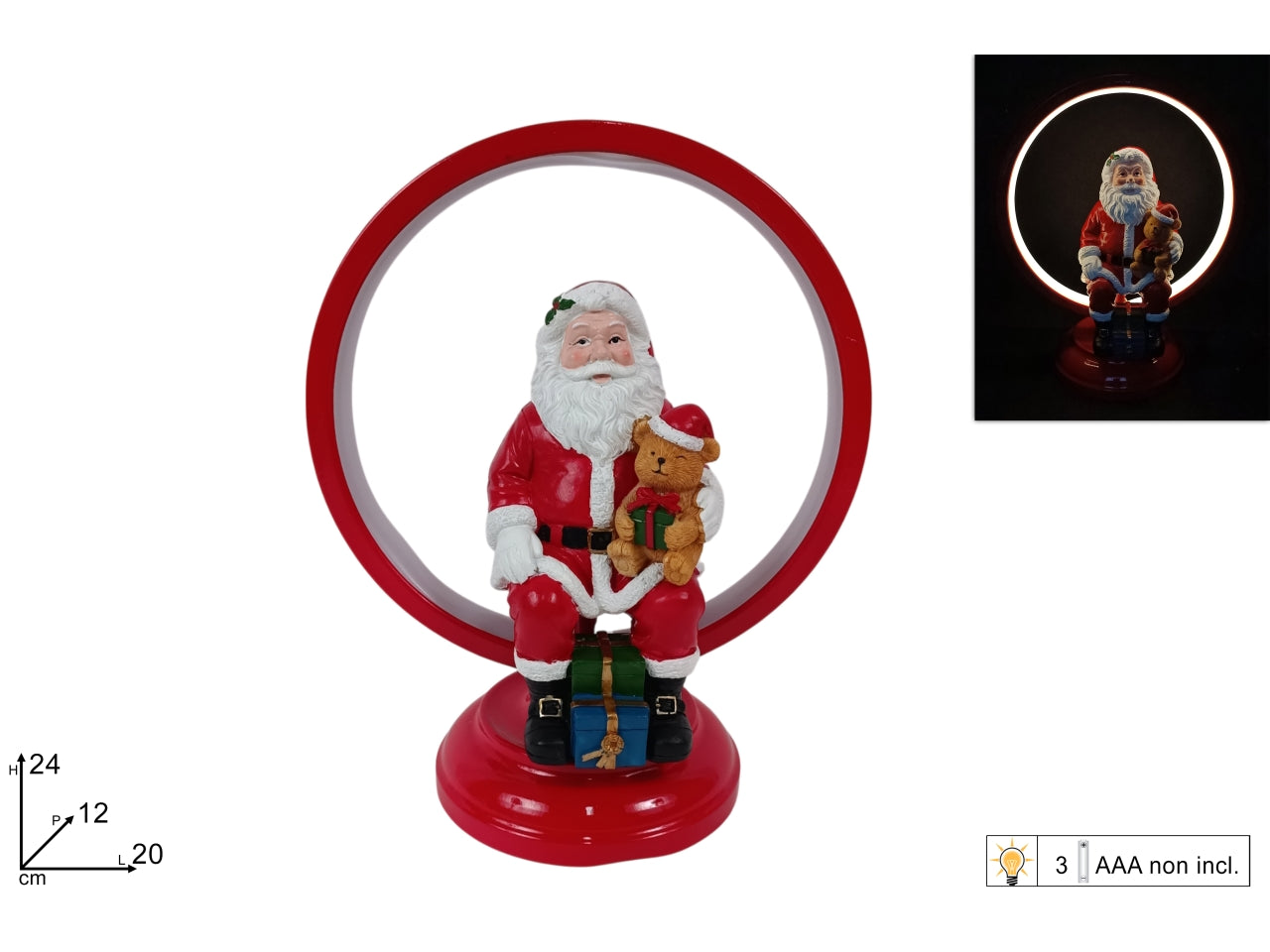 Lampada led rossa a cerchio con Babbo Natale e orsetto