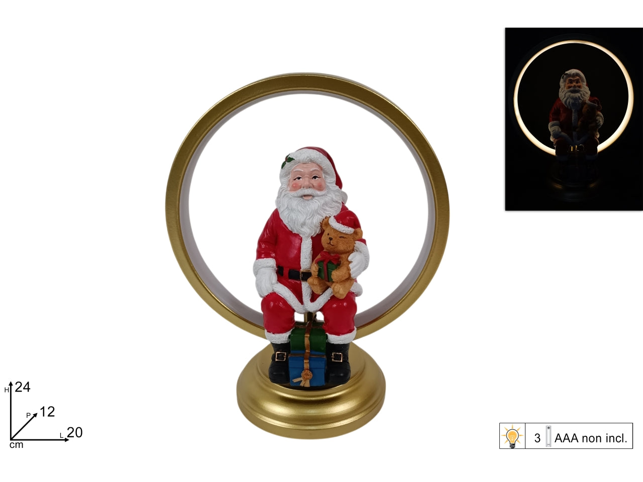Lampada led oro a cerchio con Babbo Natale e orsetto