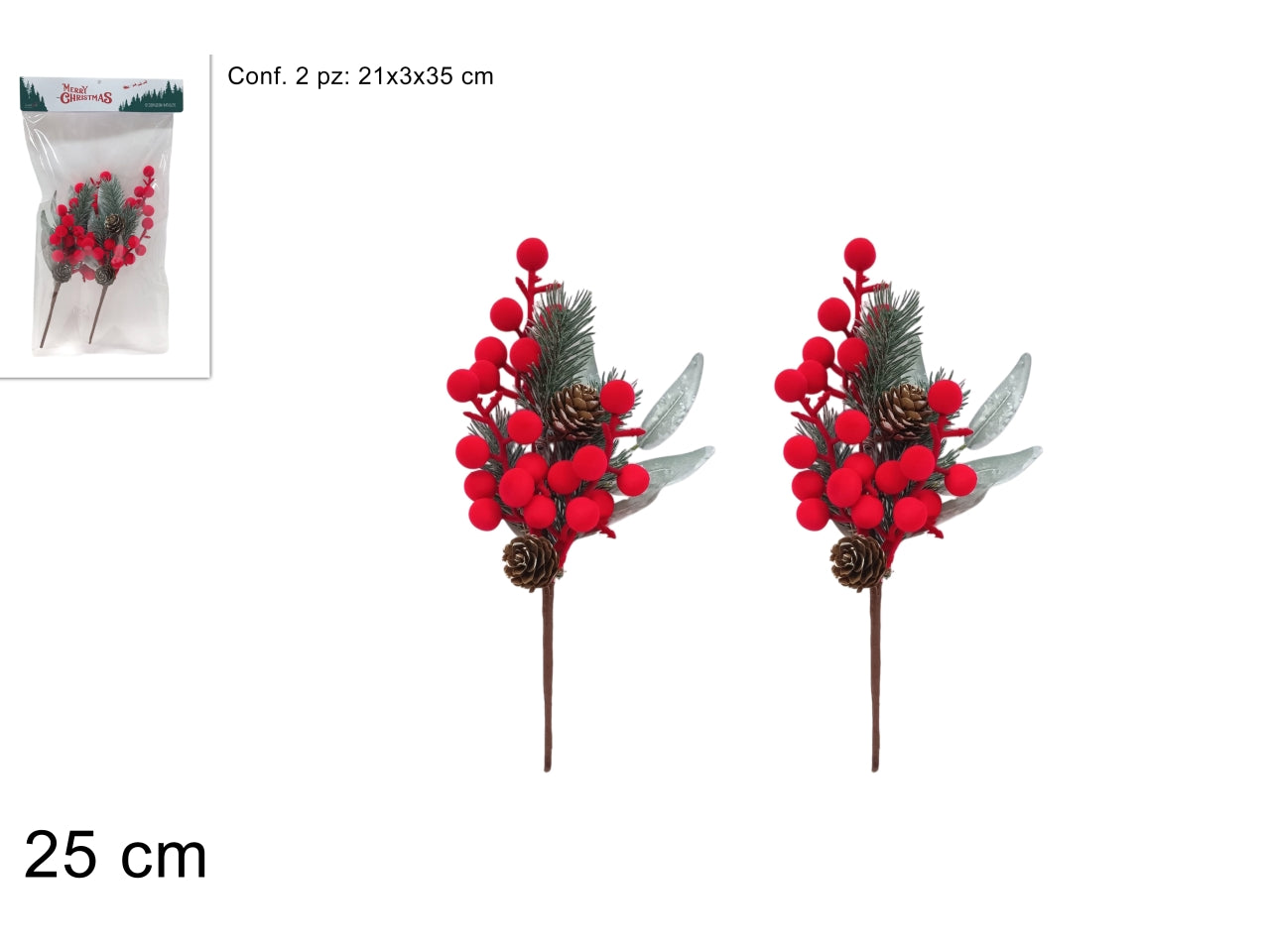 Spillone chiudipacco 25cm con pigne e bacche, set 2 pezzi effetto velluto rosso