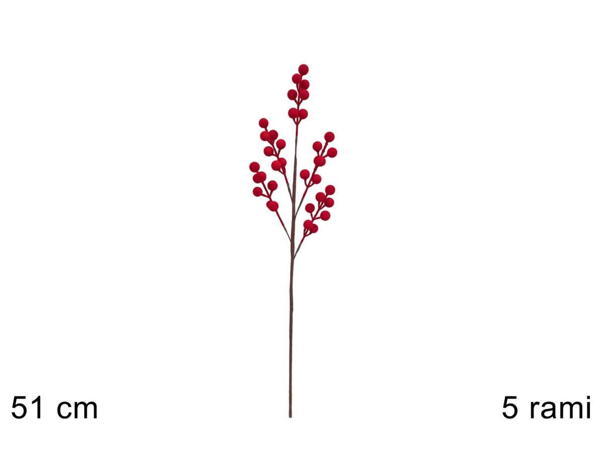 Stelo con bacche rosse in velluto 51cm, 5 rami