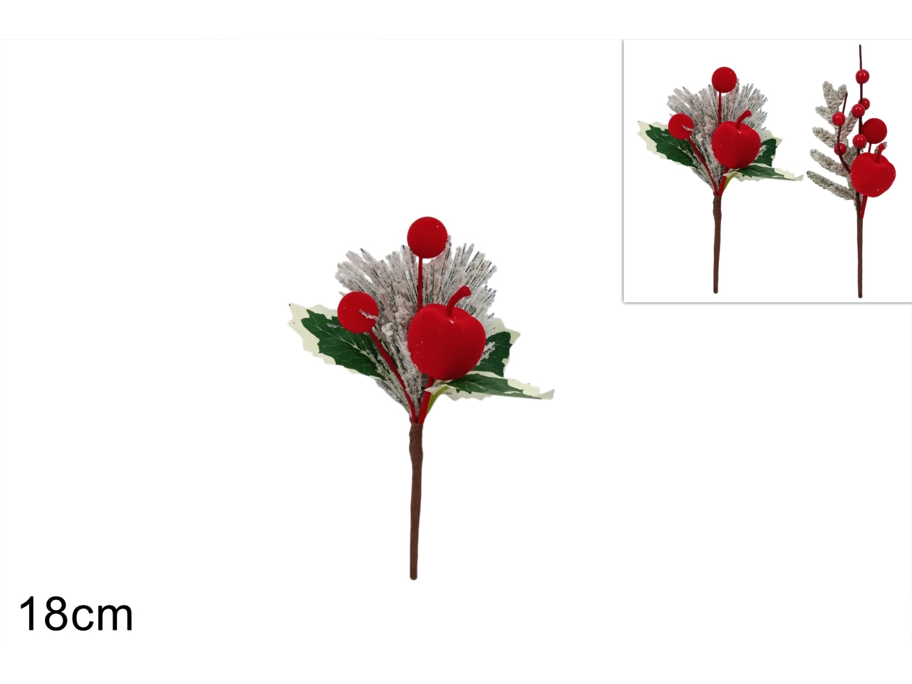 Pick rametto innevato con bacche e mela effetto velluto rosso, 2 assortiti