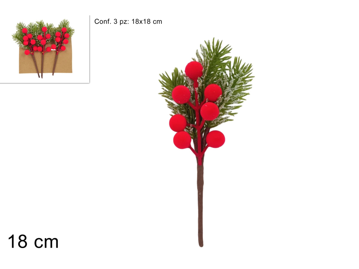Pick chiudipacco 18cm con bacche, set 3 pezzi effetto velluto rosso