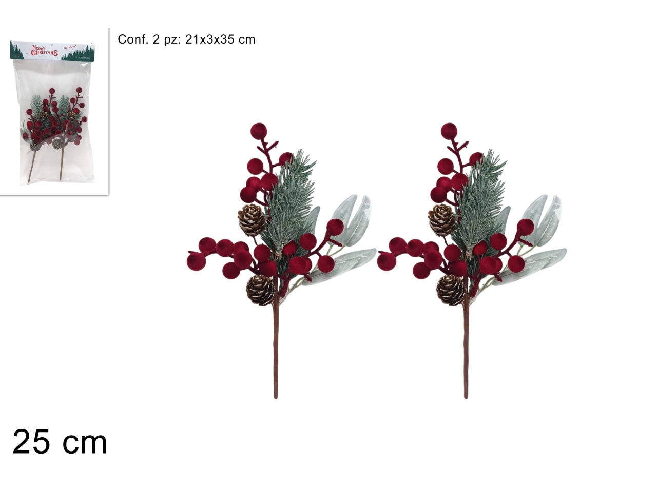 Pick chiudipacco 25cm con pigne e bacche, set 2 pezzi effetto velluto bordeaux