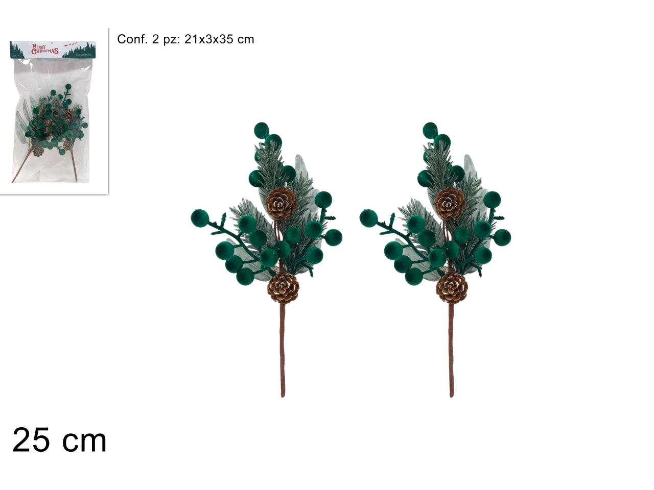 Pick chiudipacco 25cm con pigne e bacche, set 2 pezzi effetto velluto verde