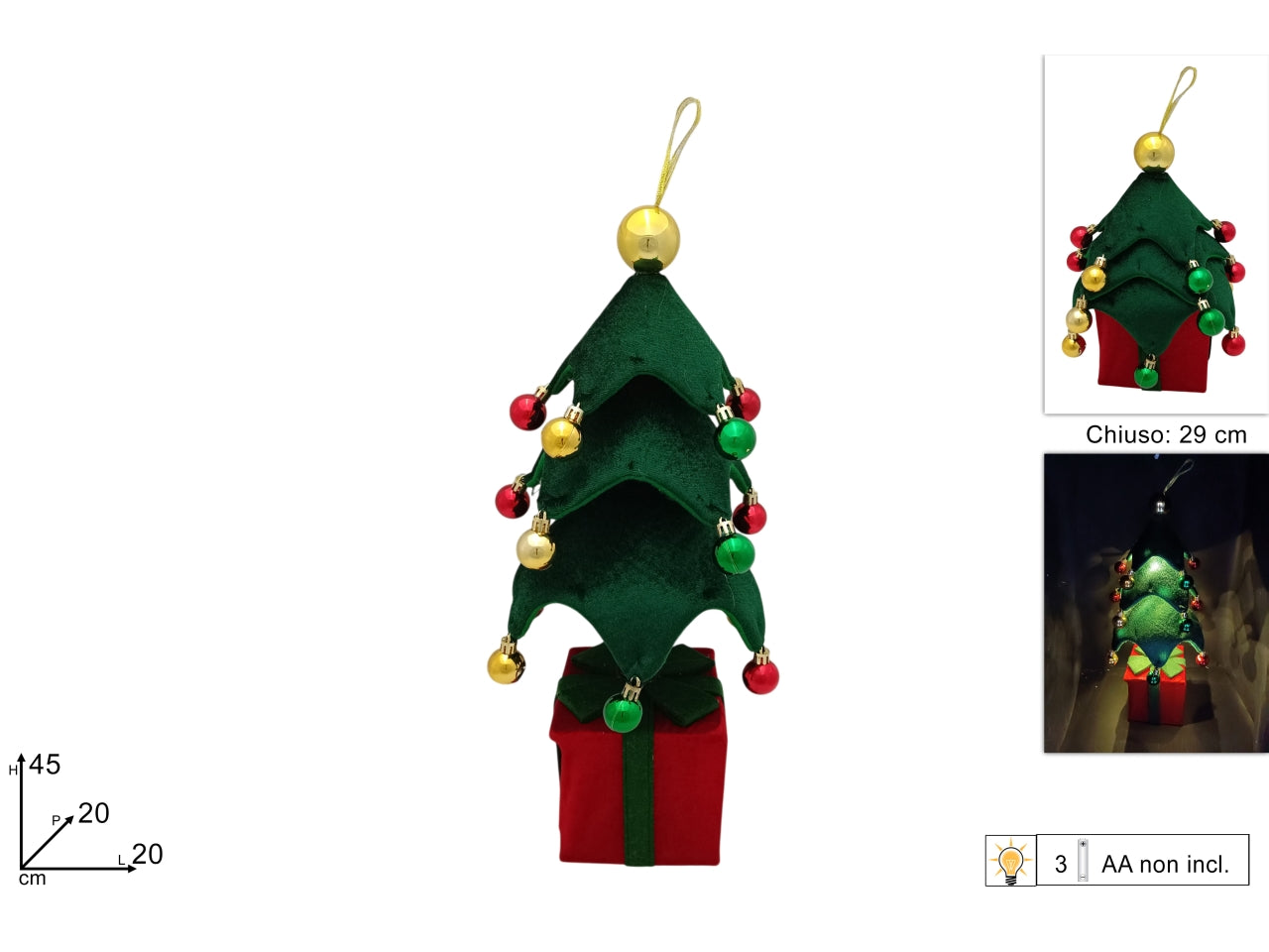 Albero di natale in tessuto con palline da 45cm e 18 led a batteria