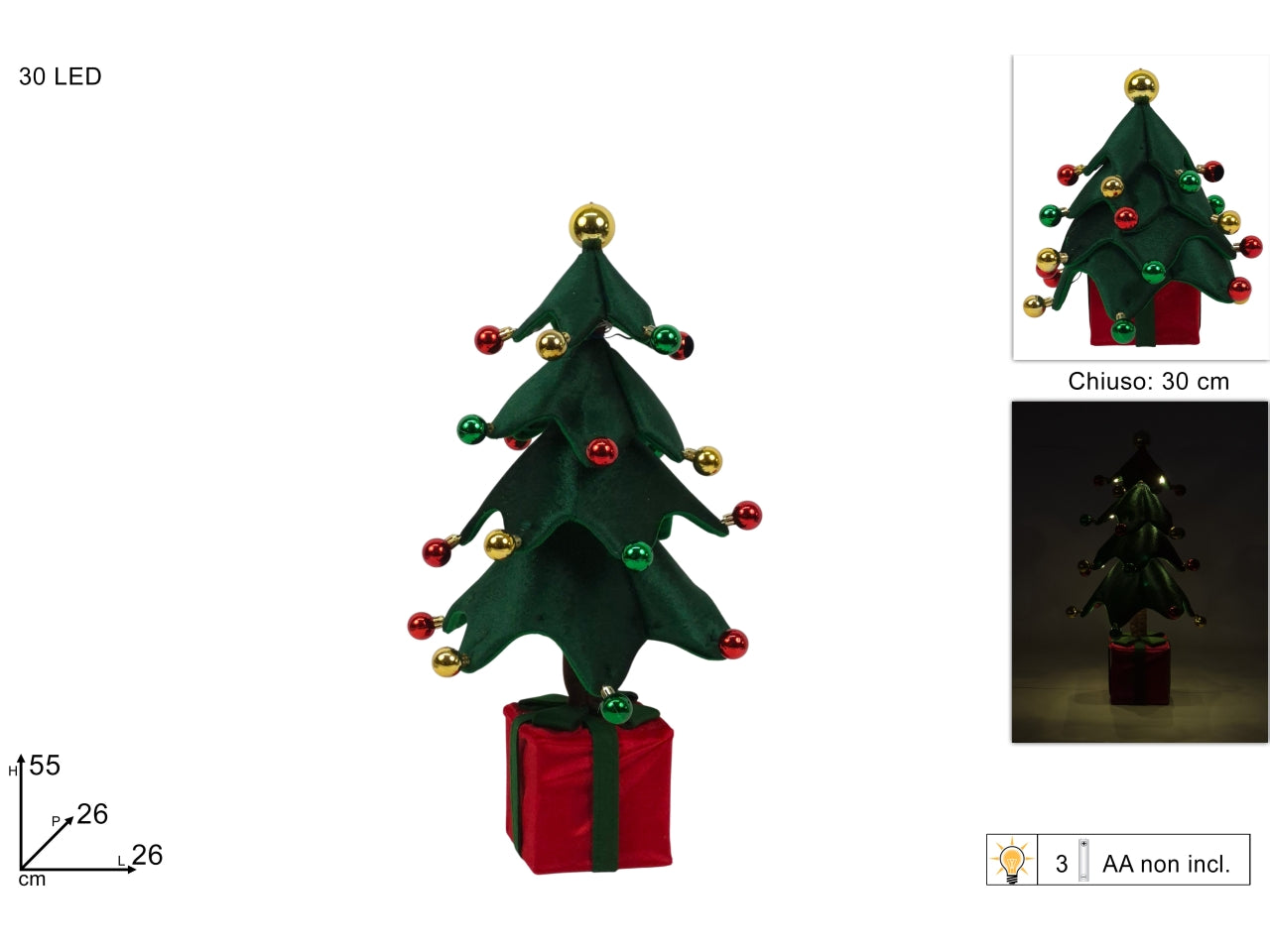 Albero di natale in tessuto con palline da 55cm e 30 led a batteria