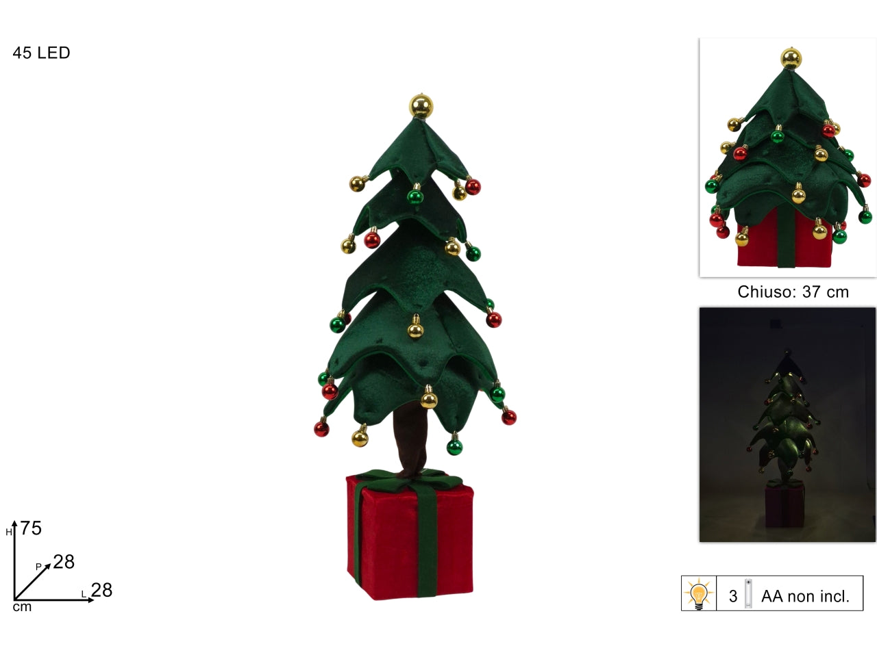 Albero di natale maxi in tessuto con palline da 75cm e 45 led a batteria