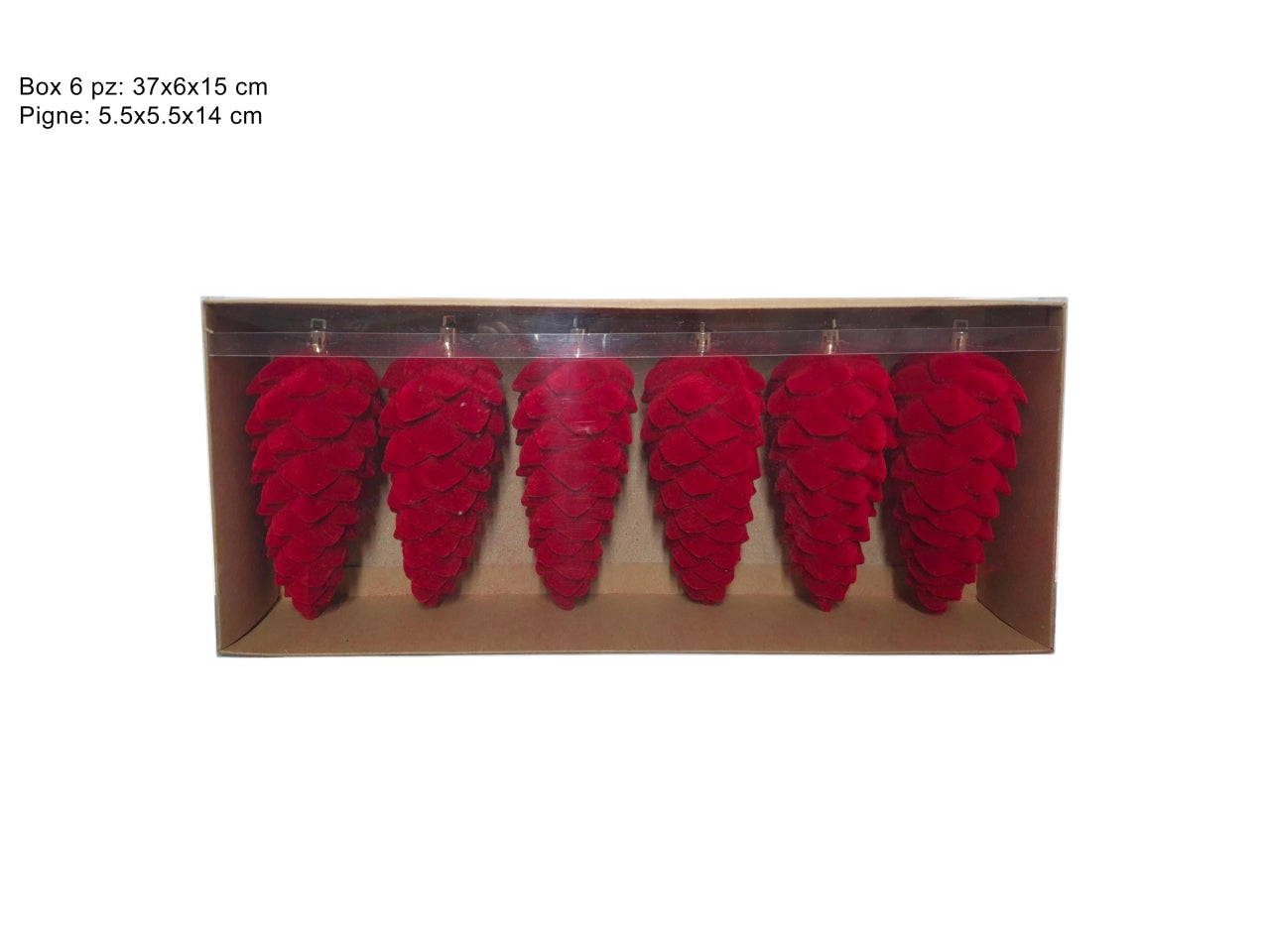 Set 6 pigne decorative natalizie in velluto rosso da 14cm