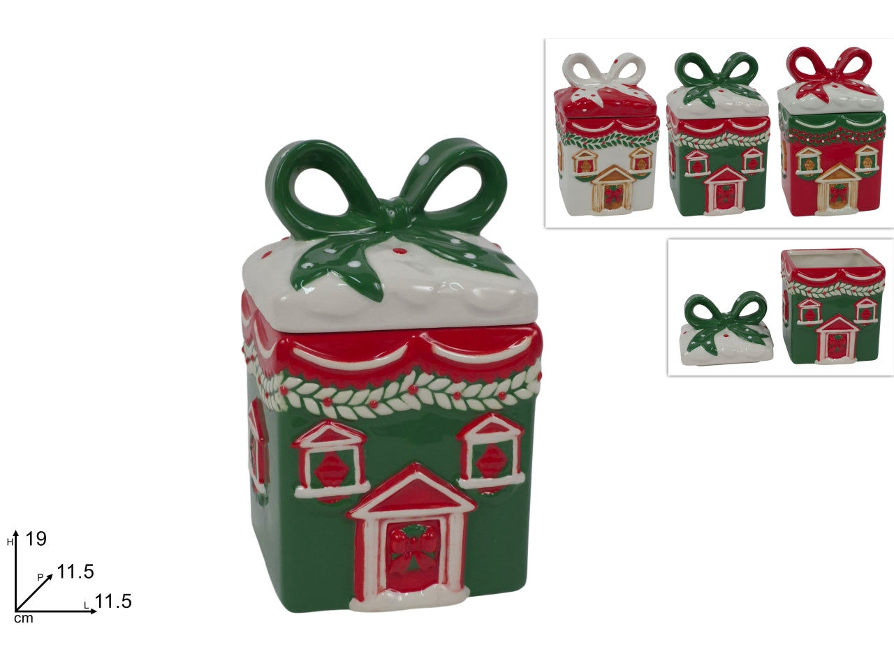 Barattolo in ceramica da 19cm con decoro casa natalizia, 3 colori