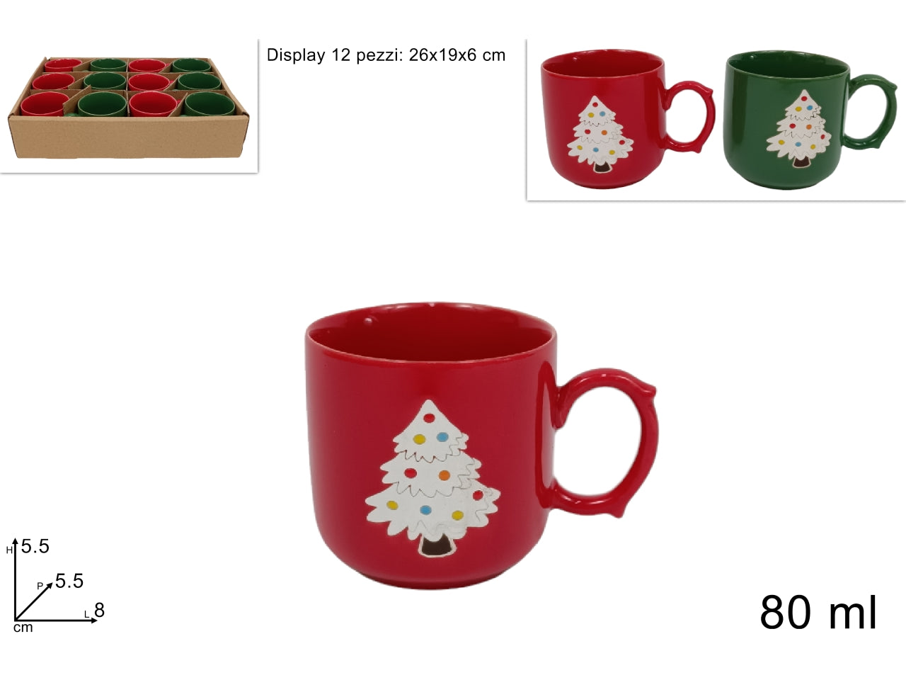 Tazzina da 80ml con decoro albero natalizio, 2 colori