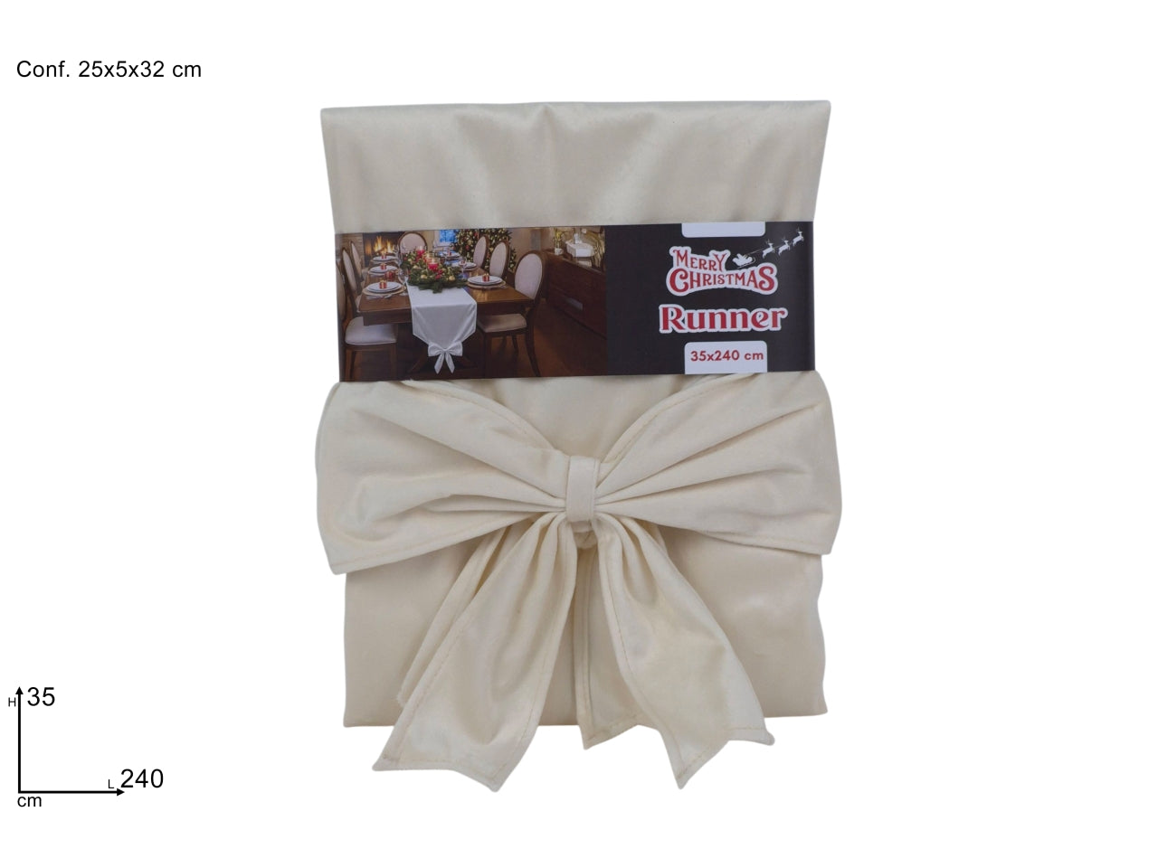 Runner natalizio effetto velluto beige con fiocco, 35x240cm