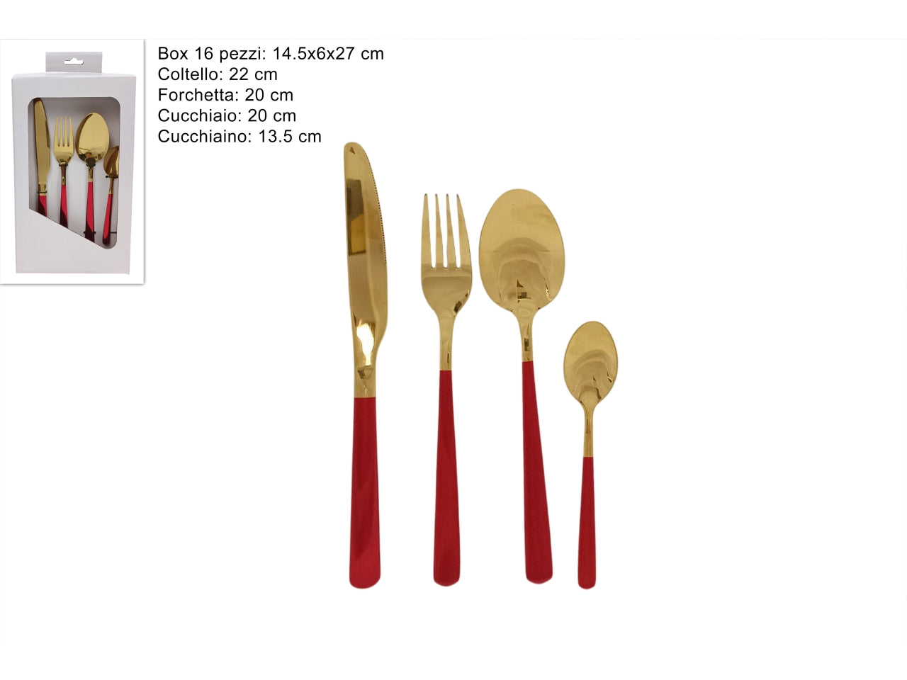 Set 16 posate in acciaio oro e manico rosso