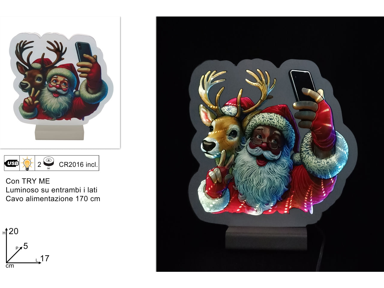 Babbo natale e renna selfie luminoso 3d, 20cm